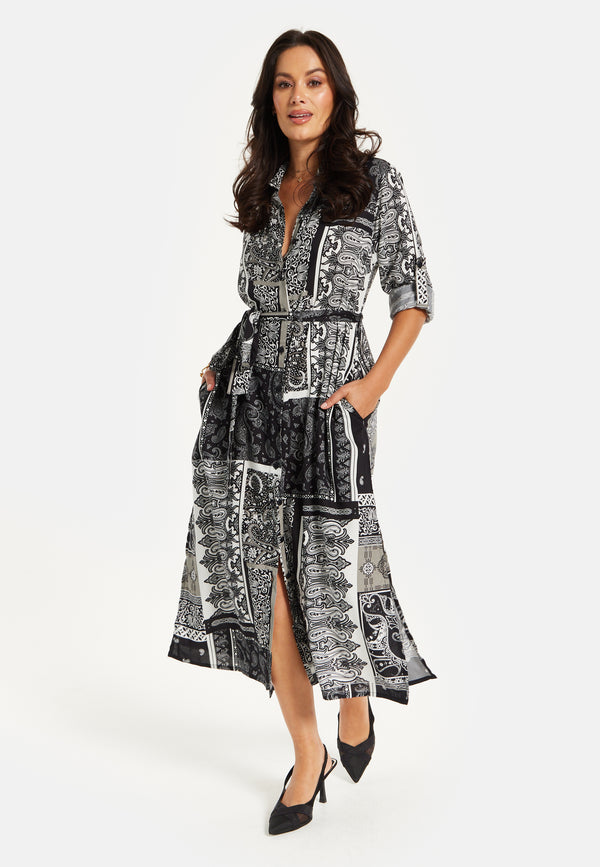 Liquorish Women's Midi Dress with Scarf Print Button Through Front Tie Waist Roll-Up Sleeves Elegant Viscose Fabric