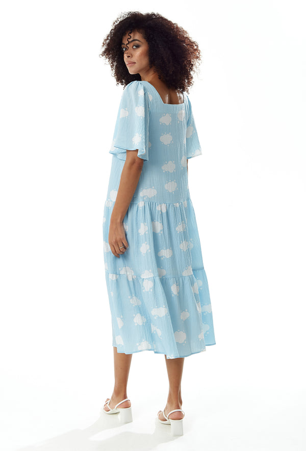 Liquorish Women's Midi Dress With Short Sleeves And Cloud Print In Blue By Liquorish