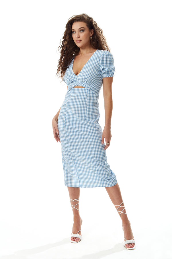 Liquorish Women's Midi Dress with Short Sleeves and Cut Out Front in Blue and White - Liquorish