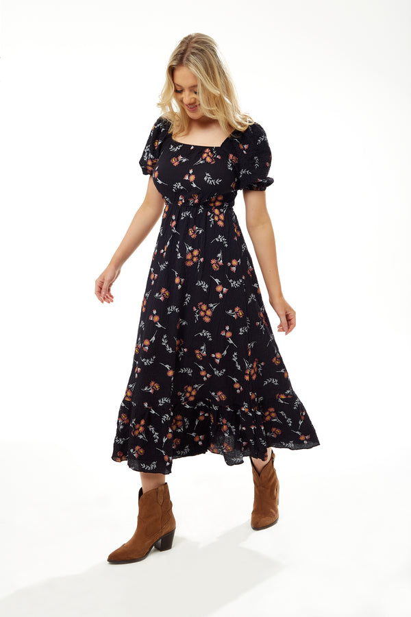 Liquorish Women's Midi Dress With Short Sleeves And Floral Print In Black - Stylish Cut Out Back By Liquorish