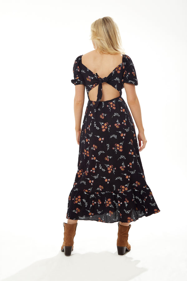 Liquorish Women's Midi Dress With Short Sleeves And Floral Print In Black - Stylish Cut Out Back By Liquorish