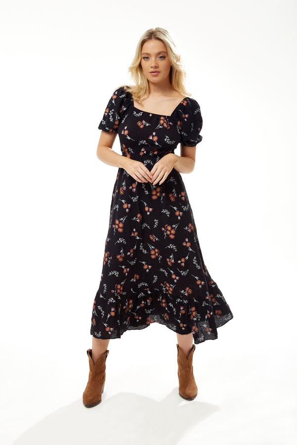 Liquorish Women's Midi Dress with Short Sleeves and Floral Print in Black - Stylish Cut Out Back by Liquorish