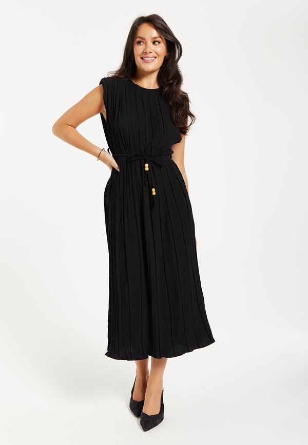 Liquorish Women's Midi Dress With Short Sleeves In Black Pleated Design And Waist Tie Perfect For Any Occasion - Liquorish