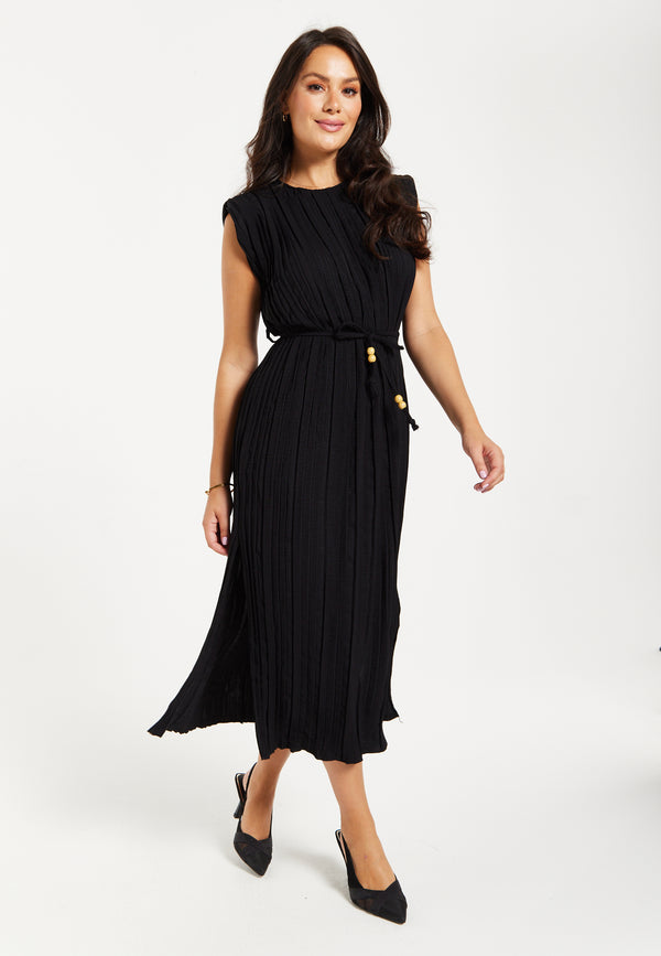 Liquorish Women's Midi Dress With Short Sleeves In Black Pleated Design And Waist Tie Perfect For Any Occasion - Liquorish