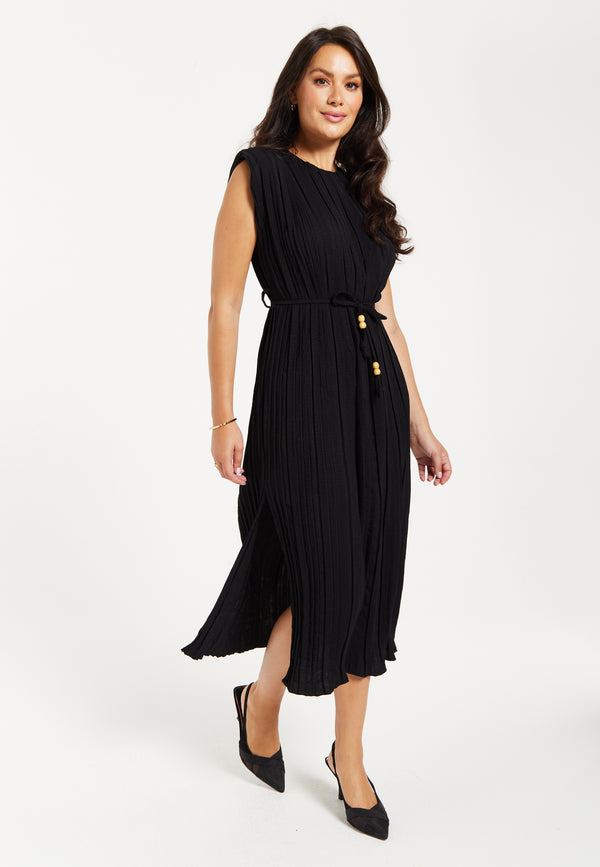 Liquorish Women's Midi Dress With Short Sleeves In Black Pleated Design And Waist Tie Perfect For Any Occasion - Liquorish