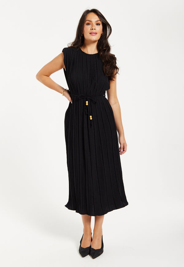 Liquorish Women's Midi Dress with Short Sleeves in Black Pleated Design and Waist Tie Perfect for Any Occasion - Liquorish Liquorish Women's Midi Dress with Short Sleeves in Black Pleated Design and Waist Tie Perfect for Any Occasion - Liquorish