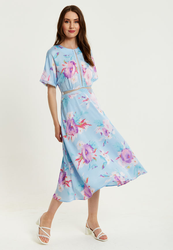 Liquorish Women's Midi Dress With Short Sleeves In Blue Floral Print And Mesh Detail - Liquorish