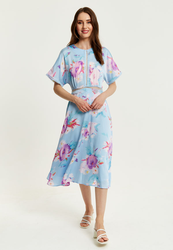 Liquorish Women's Midi Dress With Short Sleeves In Blue Floral Print And Mesh Detail - Liquorish