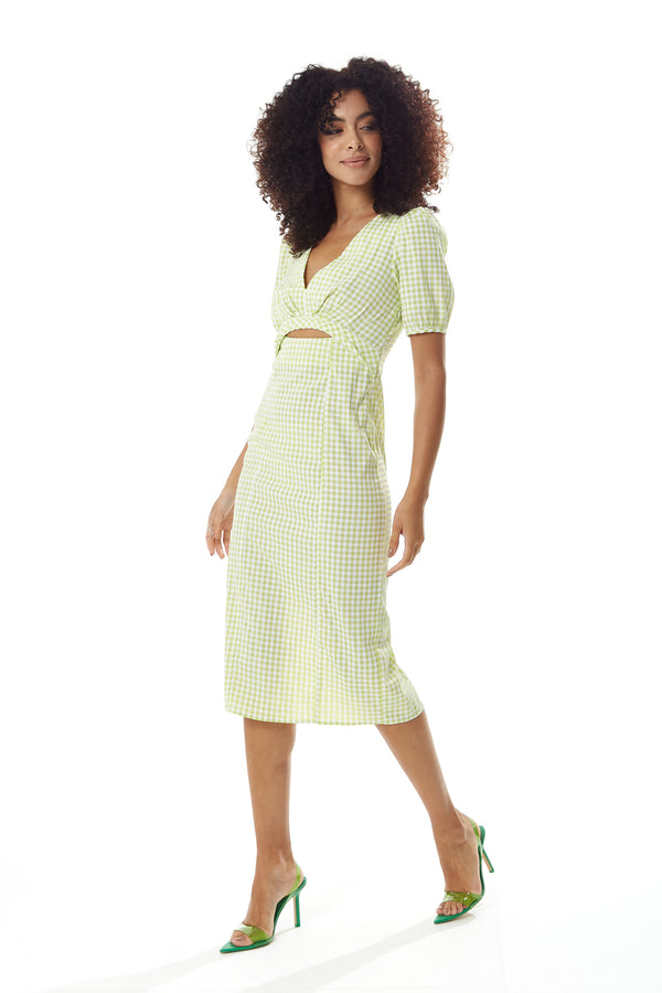 Liquorish Women's Midi Dress With Short Sleeves In Green And White Gingham - Cut Out Front - Deep V Neck - Liquorish