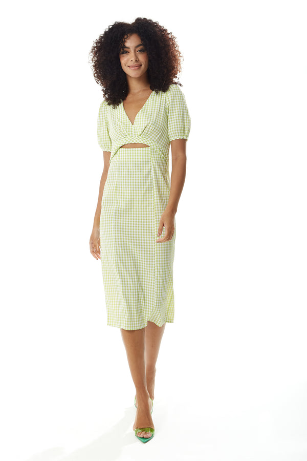 Liquorish Women's Midi Dress with Short Sleeves in Green and White Gingham - Cut Out Front - Deep V Neck - Liquorish
