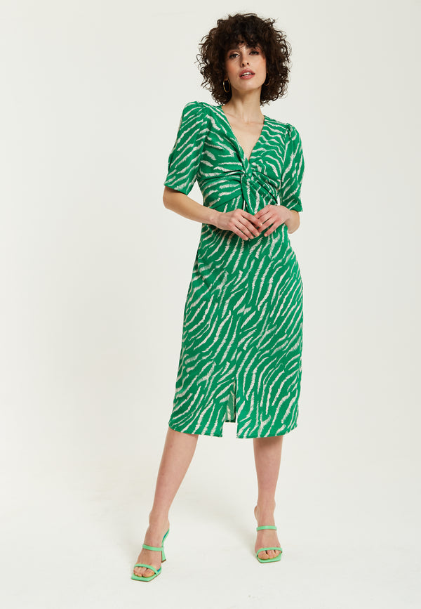 Liquorish Women's Midi Dress With Short Sleeves In Green Zebra Print And Knot Front Design - Liquorish