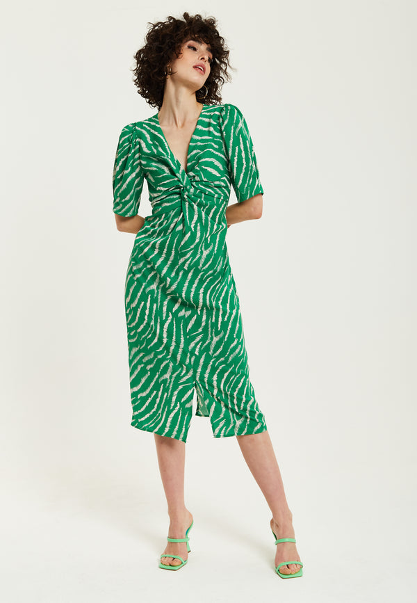 Liquorish Women's Midi Dress With Short Sleeves In Green Zebra Print And Knot Front Design - Liquorish