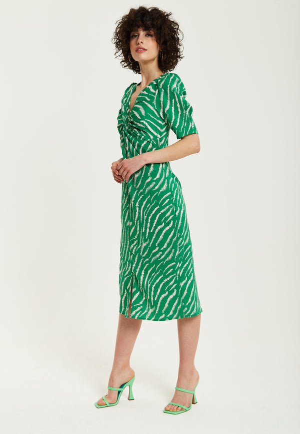 Liquorish Women's Midi Dress With Short Sleeves In Green Zebra Print And Knot Front Design - Liquorish