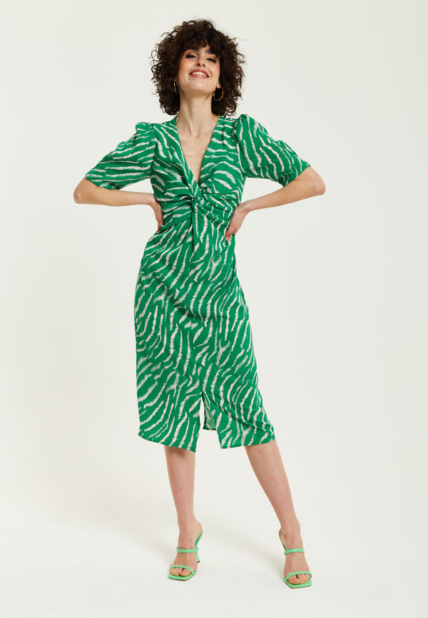 Liquorish Women's Midi Dress with Short Sleeves in Green Zebra Print and Knot Front Design - Liquorish