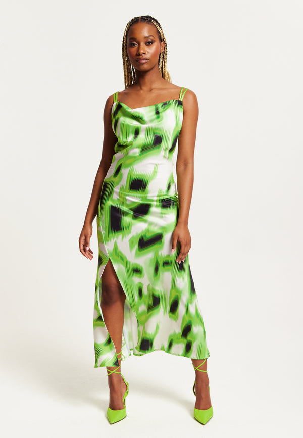 Liquorish Women's Midi Dress With Slit Front Cowl Neck Abstract Green & Black Print Adjustable Strap Sleeveless Design - Liquorish