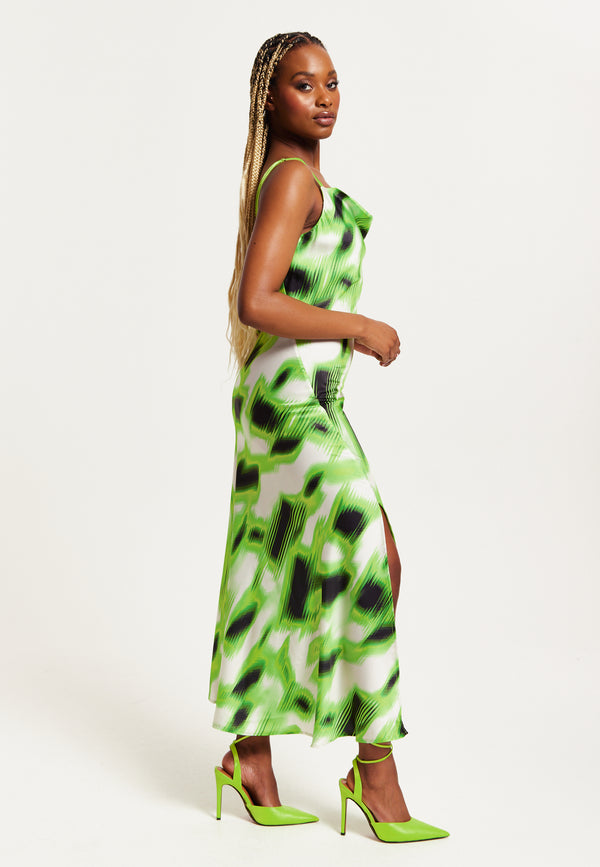 Liquorish Women's Midi Dress With Slit Front Cowl Neck Abstract Green & Black Print Adjustable Strap Sleeveless Design - Liquorish