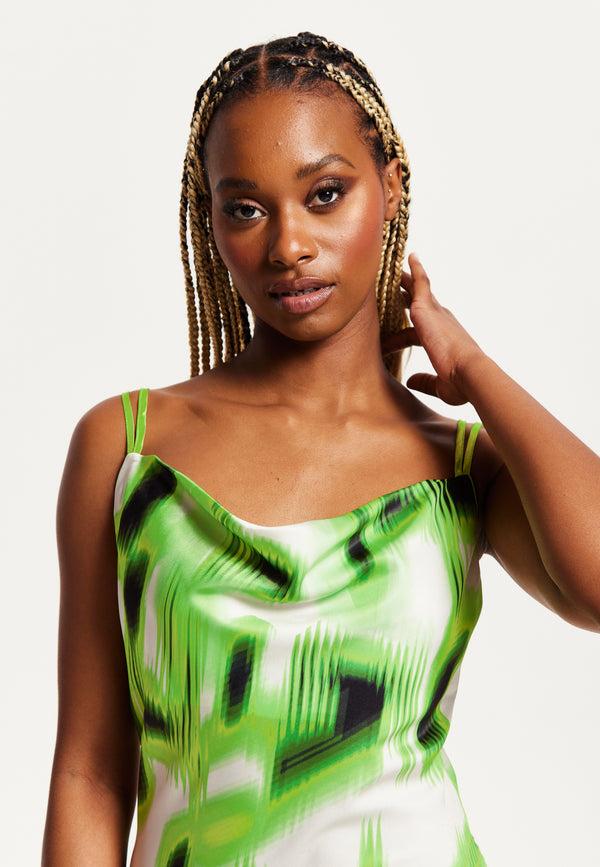 Liquorish Women's Midi Dress With Slit Front Cowl Neck Abstract Green & Black Print Adjustable Strap Sleeveless Design - Liquorish