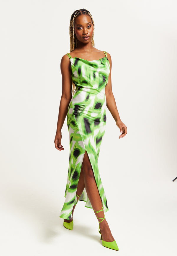 Liquorish Women's Midi Dress with Slit Front Cowl Neck Abstract Green & Black Print Adjustable Strap Sleeveless Design - Liquorish