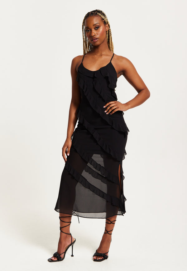 Liquorish Women's Midi Dress With Spaghetti Straps And Diagonal Frill Detail In Black - Liquorish