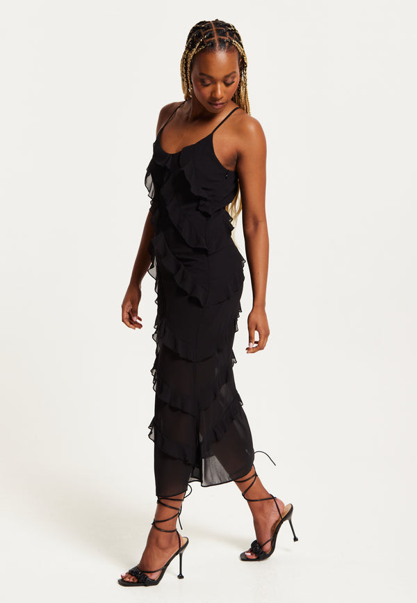 Liquorish Women's Midi Dress With Spaghetti Straps And Diagonal Frill Detail In Black - Liquorish
