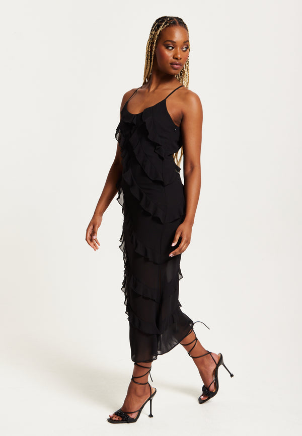 Liquorish Women's Midi Dress With Spaghetti Straps And Diagonal Frill Detail In Black - Liquorish