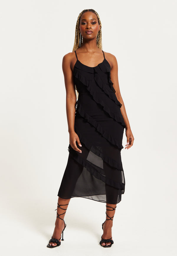 Liquorish Women's Midi Dress with Spaghetti Straps and Diagonal Frill Detail in Black - Liquorish