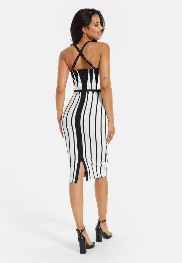 Liquorish Women's Midi Dress With Spaghetti Straps In Black And White Stripes - Chic Knitted Design By Liquorish