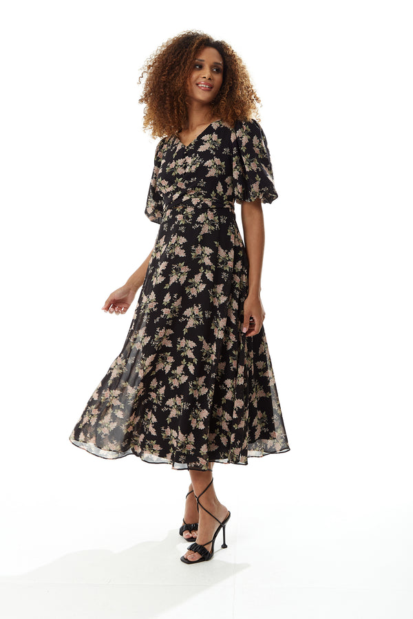 Liquorish Women's Midi Dress with Tie Waist and Short Sleeves in Navy - Floral Print Regular Fit by Liquorish