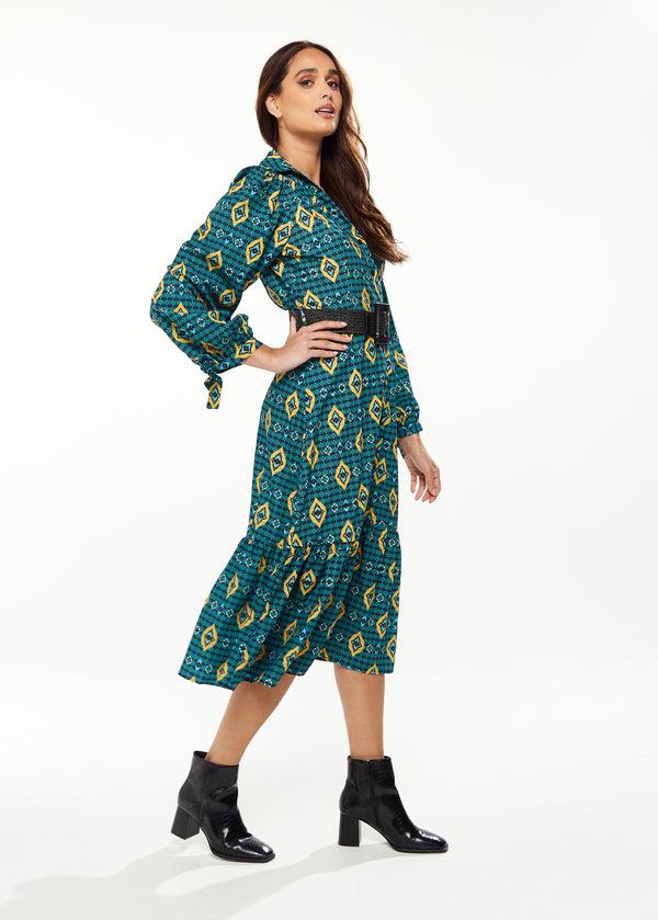 Liquorish Women's Midi Dress With Tiered Skirt Detail In Green Yellow & Navy - Short Sleeve - Stylish African Print By Liquorish