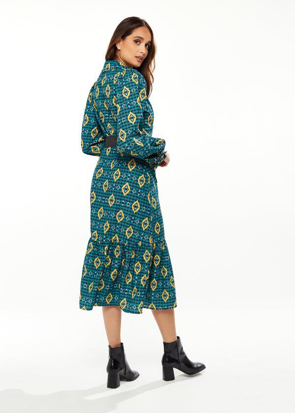 Liquorish Women's Midi Dress With Tiered Skirt Detail In Green Yellow & Navy - Short Sleeve - Stylish African Print By Liquorish