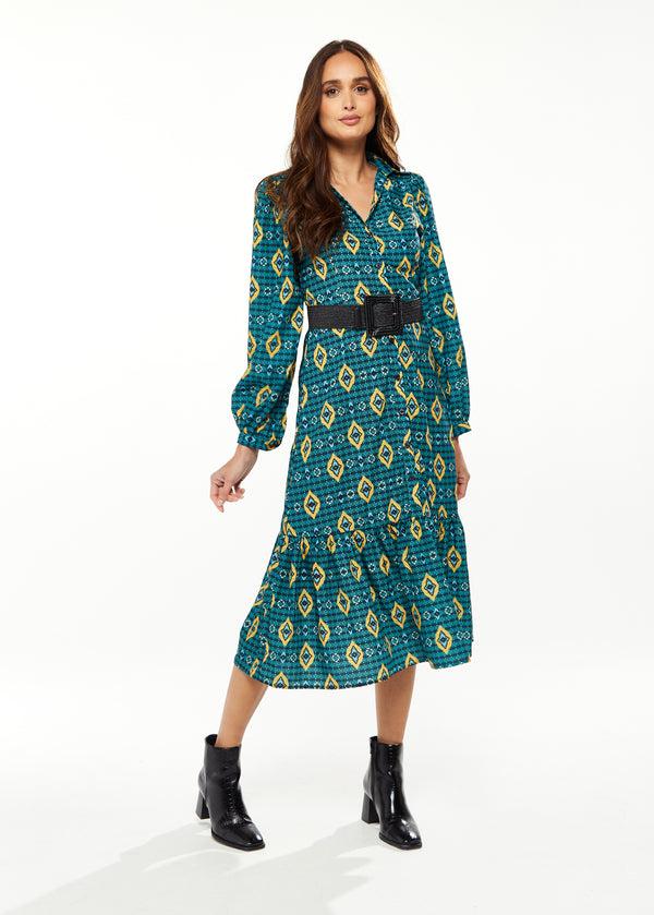 Liquorish Women's Midi Dress With Tiered Skirt Detail In Green Yellow & Navy - Short Sleeve - Stylish African Print By Liquorish
