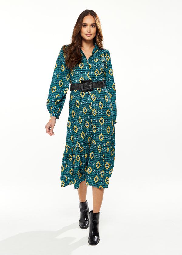 Liquorish Women's Midi Dress with Tiered Skirt Detail in Green Yellow & Navy - Short Sleeve - Stylish African Print by Liquorish