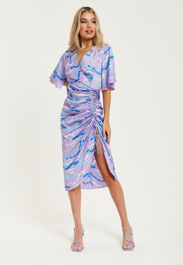 Liquorish Women's Midi Dress With V Neck And Kimono Sleeves In Lilac Abstract Zebra Print Perfect For Weddings - Liquorish