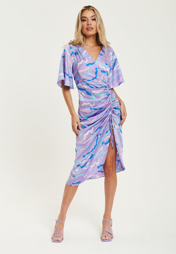 Liquorish Women's Midi Dress with V Neck and Kimono Sleeves in Lilac Abstract Zebra Print Perfect for Weddings - Liquorish