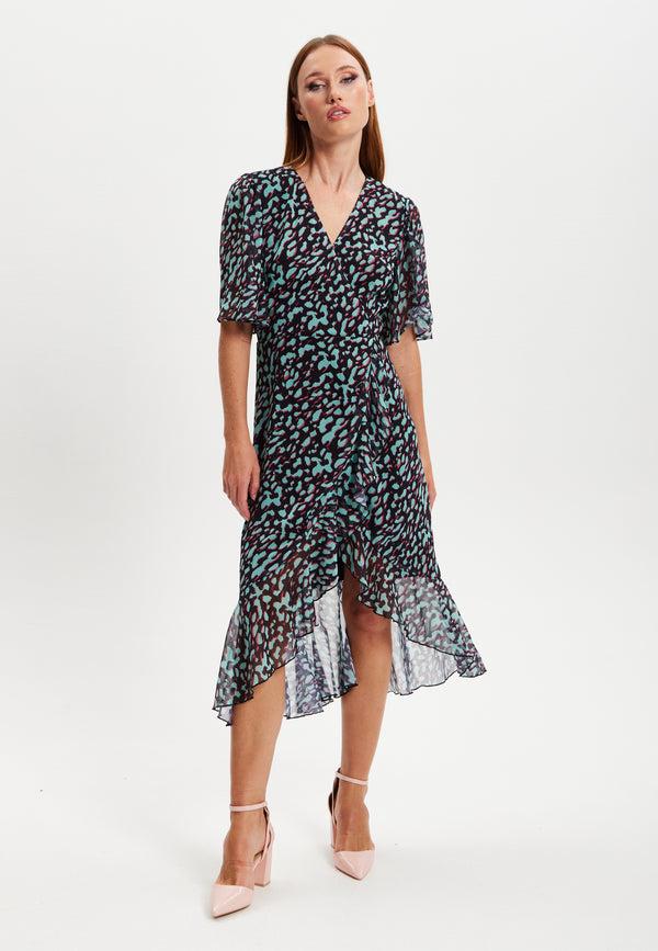 Liquorish Women's Midi Dress With V-Neck And Long Sleeves In Animal Print Organza - Liquorish