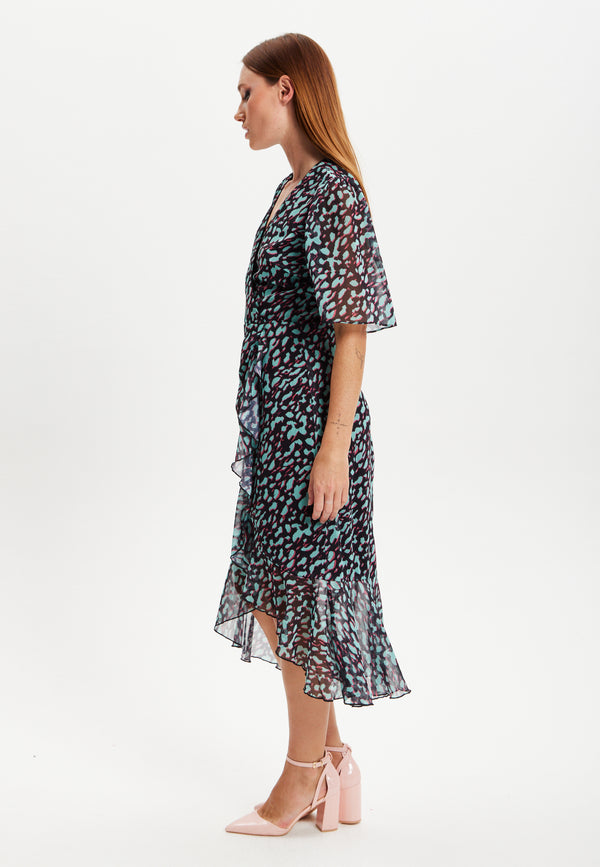 Liquorish Women's Midi Dress With V-Neck And Long Sleeves In Animal Print Organza - Liquorish