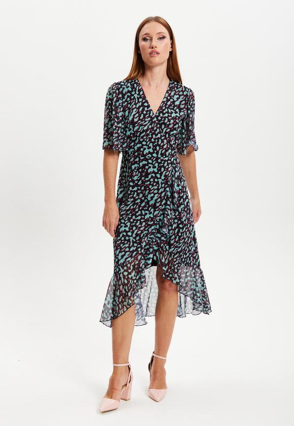 Liquorish Women's Midi Dress with V-Neck and Long Sleeves in Animal Print Organza - Liquorish