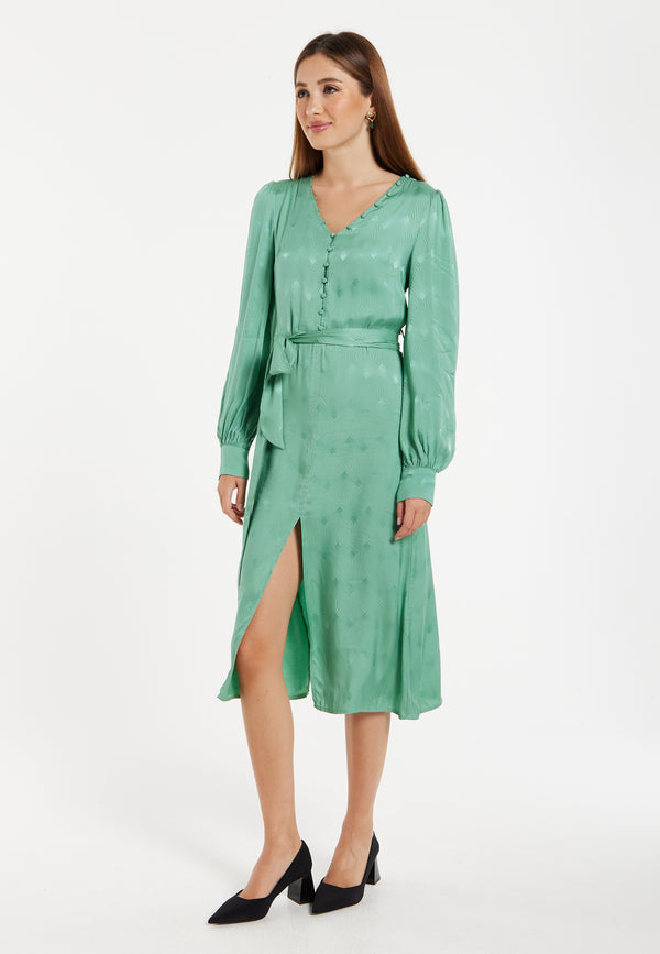 Liquorish Women’s Midi Jacquard Dress In Mint With V-Neckline Puffy Sleeves And Front Slit