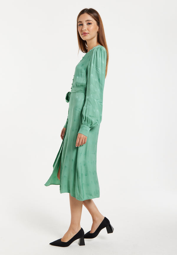 Liquorish Women’s Midi Jacquard Dress In Mint With V-Neckline Puffy Sleeves And Front Slit