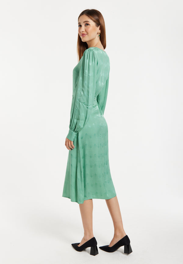 Liquorish Women’s Midi Jacquard Dress In Mint With V-Neckline Puffy Sleeves And Front Slit