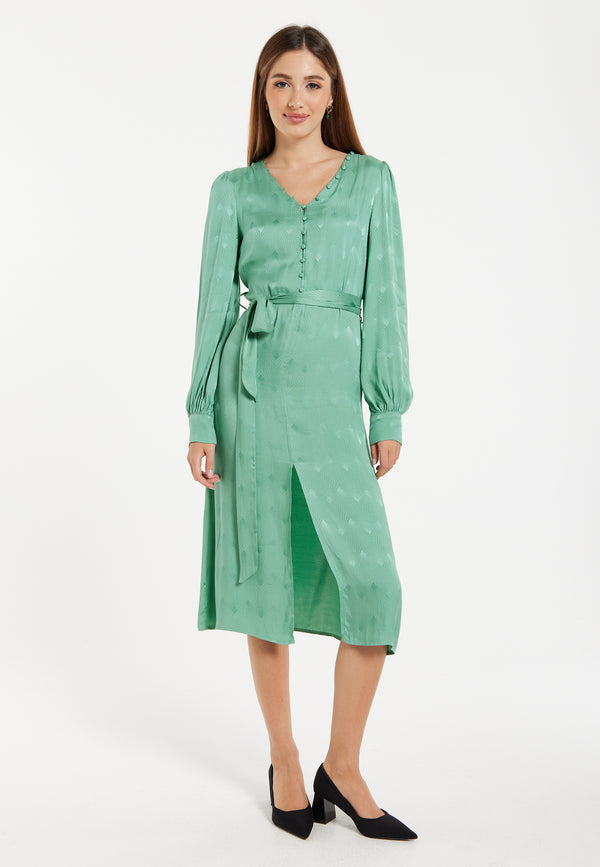 Liquorish Women’s Midi Jacquard Dress in Mint with V-Neckline Puffy Sleeves and Front Slit