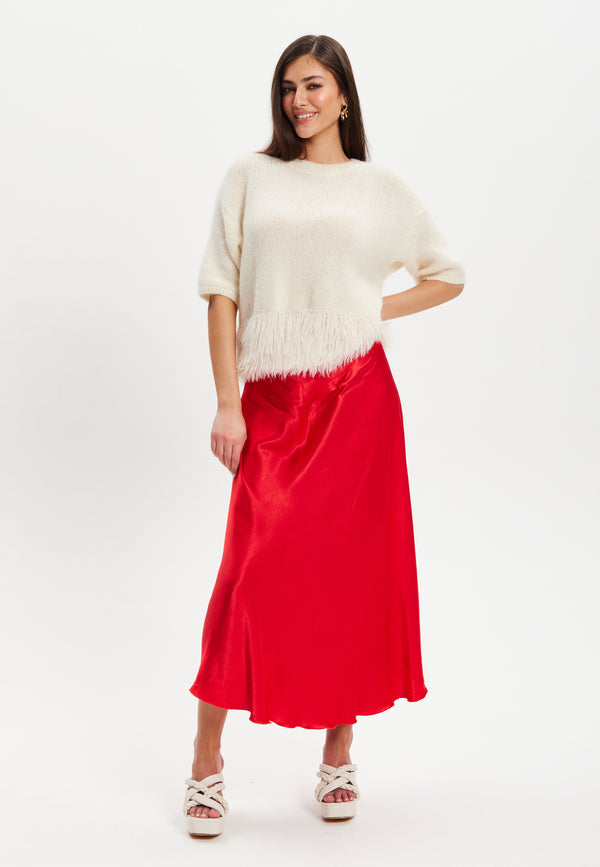 Liquorish Women's Midi Length Red Satin Bias Cut Skirt With Elasticated Waist – Regular Fit 100% Viscose Liquorish