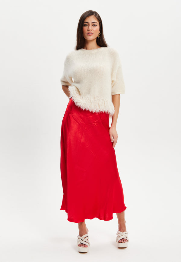 Liquorish Women's Midi Length Red Satin Bias Cut Skirt with Elasticated Waist – Regular Fit 100% Viscose Liquorish