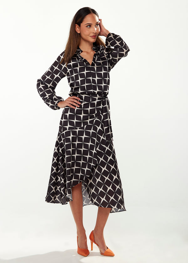 Liquorish Women’s Midi Wrap Dress in Black & White with Full Length Balloon Sleeves - Liquorish