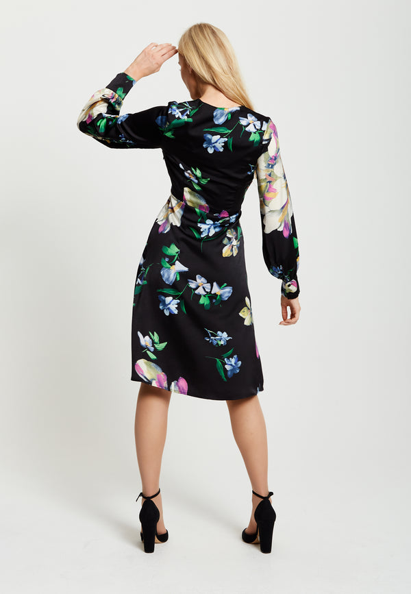 Liquorish Women's Midi Wrap Dress In Black With Long Balloon Sleeves Featuring Floral Print By Liquorish