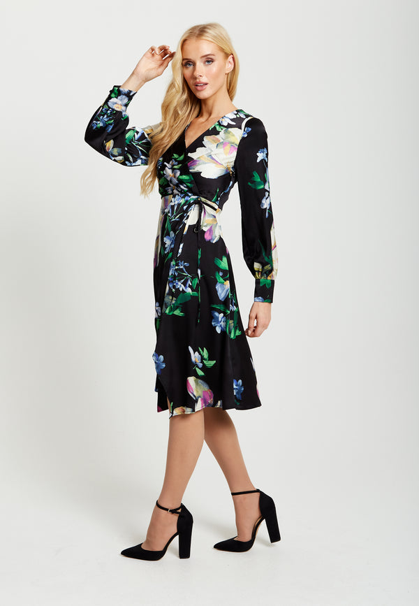 Liquorish Women's Midi Wrap Dress In Black With Long Balloon Sleeves Featuring Floral Print By Liquorish