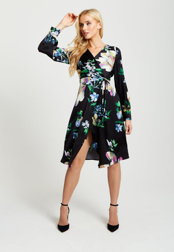 Liquorish Women's Midi Wrap Dress in Black with Long Balloon Sleeves Featuring Floral Print by Liquorish
