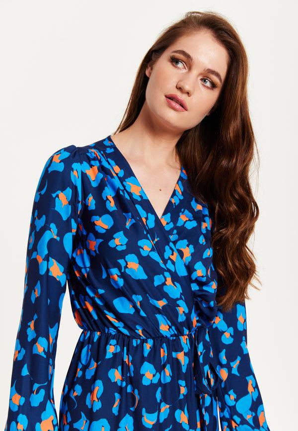 Liquorish Women's Midi Wrap Dress In Blue With Long Sleeves - Elegant Abstract Print Design By Liquorish