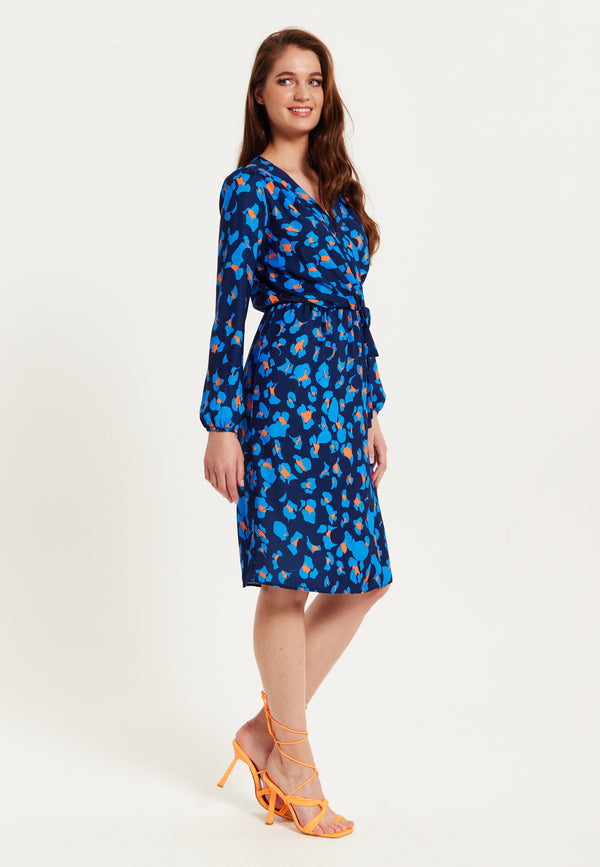 Liquorish Women's Midi Wrap Dress In Blue With Long Sleeves - Elegant Abstract Print Design By Liquorish