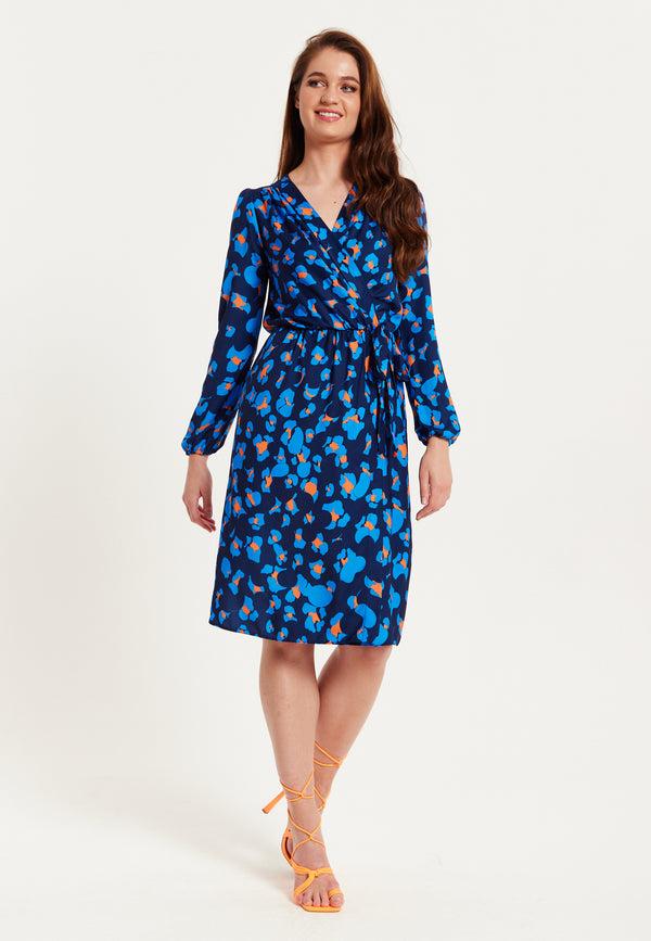 Liquorish Women's Midi Wrap Dress in Blue with Long Sleeves - Elegant Abstract Print Design by Liquorish